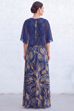 Green A-Line Beaded Round Neck Long Mother Of the Bride Dress with Cape