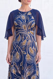 Green A-Line Beaded Round Neck Long Mother Of the Bride Dress with Cape