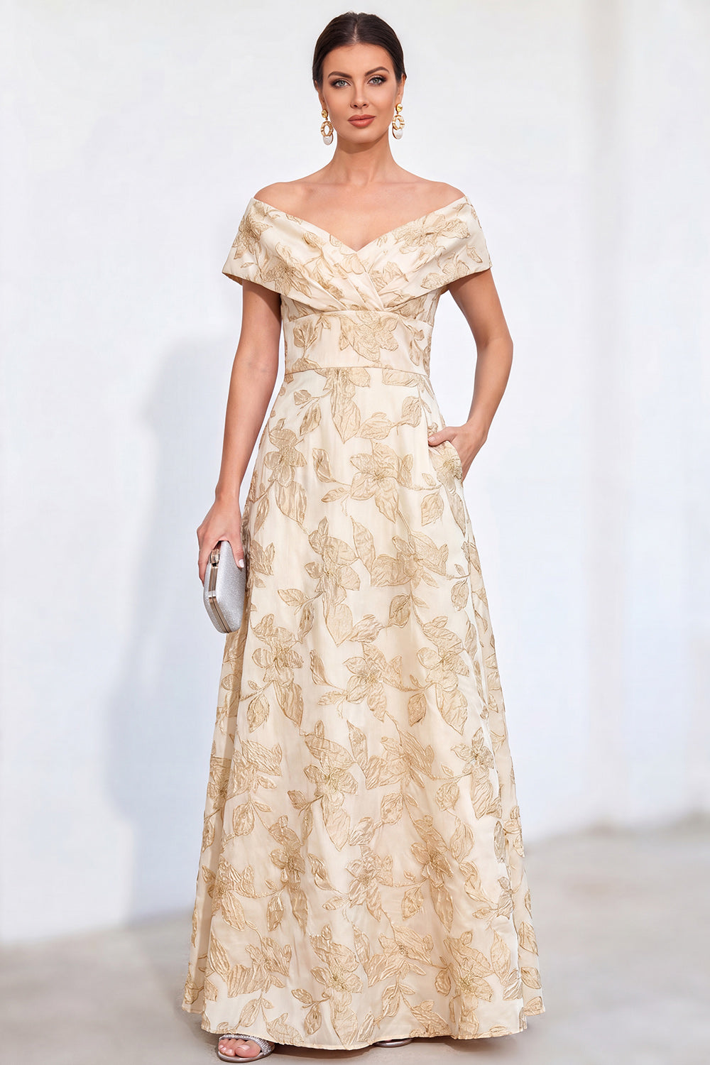 gold mother of the bride dress Zapaka Women Golden Mother Of the Bride Dress A-Line Off the Shoulder Jacquard Floral Long Wedding Guest Dress – ZAPAKA
