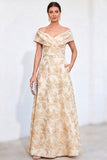 Golden A-Line Off the Shoulder Jacquard Floral Long Mother Of the Bride Dress