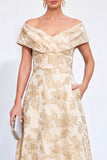 Golden A-Line Off the Shoulder Jacquard Floral Long Mother Of the Bride Dress