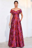 Golden A-Line Off the Shoulder Jacquard Floral Long Mother Of the Bride Dress