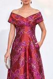 Golden A-Line Off the Shoulder Jacquard Floral Long Mother Of the Bride Dress