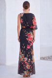 Blue Flower Mermaid Chiffon Bateau Neck Long Mother Of the Bride Dress