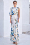 Blue Flower Mermaid Chiffon Bateau Neck Long Mother Of the Bride Dress