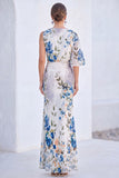 Blue Flower Mermaid Chiffon Bateau Neck Long Mother Of the Bride Dress