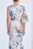 Blue Flower Mermaid Chiffon Bateau Neck Long Mother Of the Bride Dress