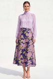 A-Line Purple High Neck 2 Piece Midi Mother Of the Bride Dress with Long Sleeves