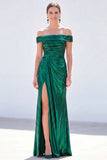 Dark Green Mermaid Off the Shoulder Ruched Metallic Long Mother Of the Bride Dress with Slit