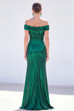 Dark Green Mermaid Off the Shoulder Ruched Metallic Long Mother Of the Bride Dress with Slit