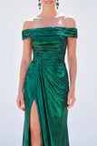 Dark Green Mermaid Off the Shoulder Ruched Metallic Long Mother Of the Bride Dress with Slit