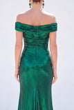 Dark Green Mermaid Off the Shoulder Ruched Metallic Long Mother Of the Bride Dress with Slit