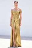 Dark Green Mermaid Off the Shoulder Ruched Metallic Long Mother Of the Bride Dress with Slit