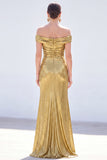 Dark Green Mermaid Off the Shoulder Ruched Metallic Long Mother Of the Bride Dress with Slit