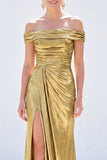 Dark Green Mermaid Off the Shoulder Ruched Metallic Long Mother Of the Bride Dress with Slit