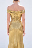 Dark Green Mermaid Off the Shoulder Ruched Metallic Long Mother Of the Bride Dress with Slit