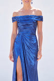 Dark Green Mermaid Off the Shoulder Ruched Metallic Long Mother Of the Bride Dress with Slit
