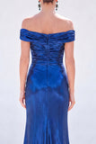 Dark Green Mermaid Off the Shoulder Ruched Metallic Long Mother Of the Bride Dress with Slit