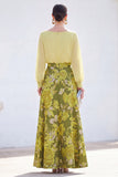 Green A-Line Bateau Neck 2 Piece Jacquard Floral Long Mother Of the Bride Dress