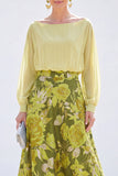 Green A-Line Bateau Neck 2 Piece Jacquard Floral Long Mother Of the Bride Dress