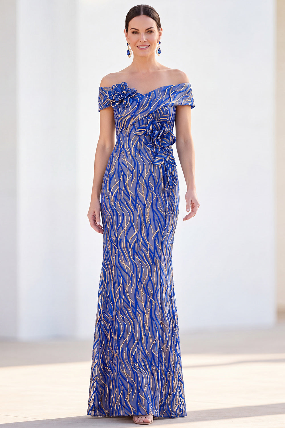 mother of the bride royal blue dresses Zapaka Women Royal Blue Mermaid Mother Of the Bride Dress with 3D Flowers Off the Shoulder Long Wedding Guest Dress – ZAPAKA