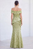Green Off the Shoulder Mermaid Floral Ruched Long Mother Of the Bride Dress