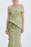 Green Off the Shoulder Mermaid Floral Ruched Long Mother Of the Bride Dress
