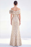 Off the Shoulder Mermaid Golden Ruched Long Mother Of the Bride Dress with 3D Flowers