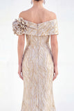 Off the Shoulder Mermaid Golden Ruched Long Mother Of the Bride Dress with 3D Flowers