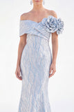 Off the Shoulder Mermaid Golden Ruched Long Mother Of the Bride Dress with 3D Flowers