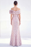Off the Shoulder Mermaid Golden Ruched Long Mother Of the Bride Dress with 3D Flowers