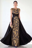 Dark Green A-Line Round Neck Sequins Long Mother Of the Bride Dress with Cap Sleeves