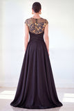Dark Green A-Line Round Neck Sequins Long Mother Of the Bride Dress with Cap Sleeves