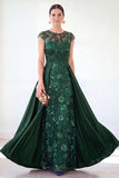 Dark Green A-Line Round Neck Sequins Long Mother Of the Bride Dress with Cap Sleeves