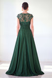 Dark Green A-Line Round Neck Sequins Long Mother Of the Bride Dress with Cap Sleeves