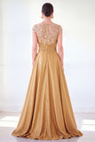 Dark Green A-Line Round Neck Sequins Long Mother Of the Bride Dress with Cap Sleeves