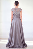 Dark Green A-Line Round Neck Sequins Long Mother Of the Bride Dress with Cap Sleeves