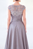 Dark Green A-Line Round Neck Sequins Long Mother Of the Bride Dress with Cap Sleeves