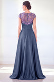 Dark Green A-Line Round Neck Sequins Long Mother Of the Bride Dress with Cap Sleeves