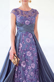 Dark Green A-Line Round Neck Sequins Long Mother Of the Bride Dress with Cap Sleeves