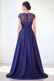 Dark Green A-Line Round Neck Sequins Long Mother Of the Bride Dress with Cap Sleeves