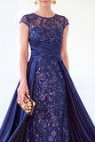 Dark Green A-Line Round Neck Sequins Long Mother Of the Bride Dress with Cap Sleeves