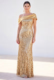 Sparkly Golden Mermaid One Shoulder Sequins Long Mother Of the Bride Dress