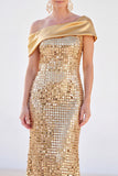 Sparkly Golden Mermaid One Shoulder Sequins Long Mother Of the Bride Dress