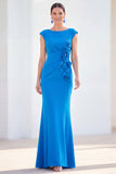Fuchsia Mermaid Bateau Neck Ruched Floral Long Mother Of the Bride Dress with Cap Sleeves