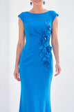 Fuchsia Mermaid Bateau Neck Ruched Floral Long Mother Of the Bride Dress with Cap Sleeves