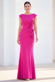 Fuchsia Mermaid Bateau Neck Ruched Floral Long Mother Of the Bride Dress with Cap Sleeves