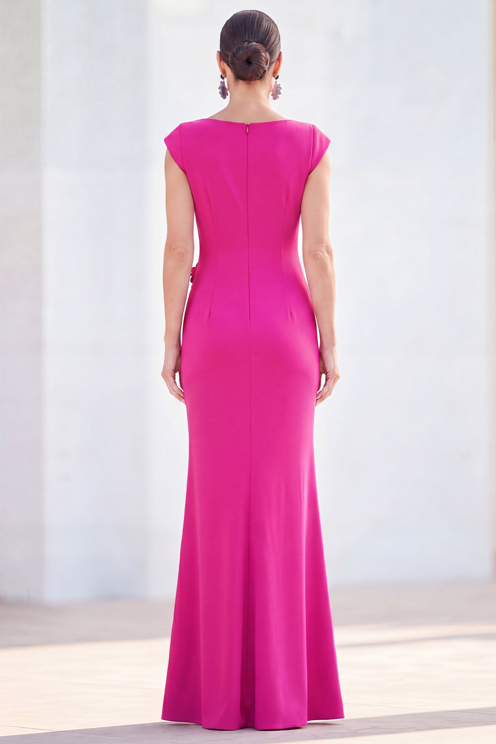 fuchsia wedding guest dress Zapaka Women Mother Of the Bride with Cap Sleeves Mermaid Floral V-Neck Long Dress, Fuchsia / US12 Button keyhole back Veloria Fuchsia Off-Shoulder Satin Midi