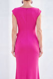 Fuchsia Mermaid Bateau Neck Ruched Floral Long Mother Of the Bride Dress with Cap Sleeves