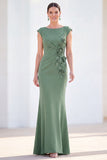 Fuchsia Mermaid Bateau Neck Ruched Floral Long Mother Of the Bride Dress with Cap Sleeves